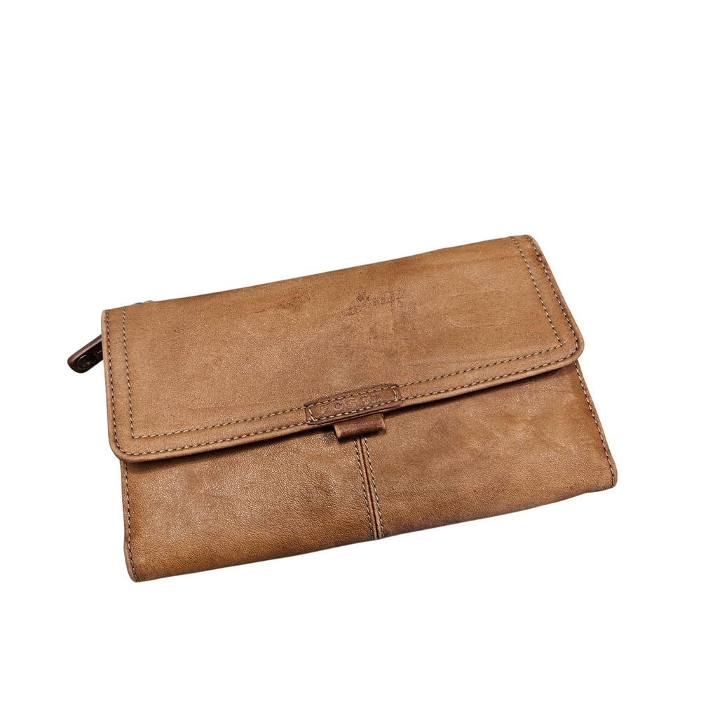 Fossil Brown Leather Clutch Wallet‎ With Snap & Zipper Closures Multiple Pockets